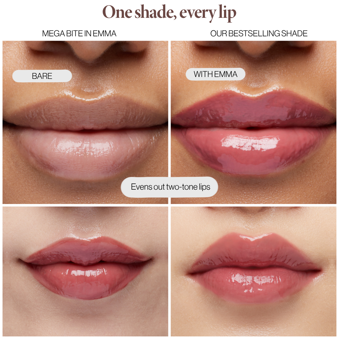 Mega Bite Tinted Jelly Lip Oil in Emma before and after on two skin tones: evens out two-tone lips