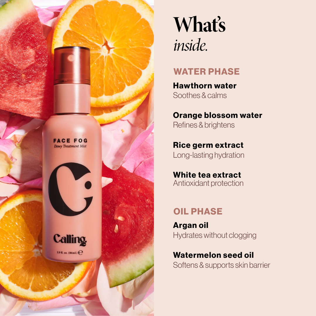 Face Fog ingredients: hawthorn water, orange blossom, rice germ, white tea, argan and watermelon seed oils