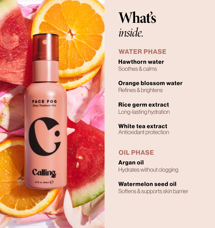 Face Fog ingredients: hawthorn water, orange blossom, rice germ, white tea, argan and watermelon seed oils