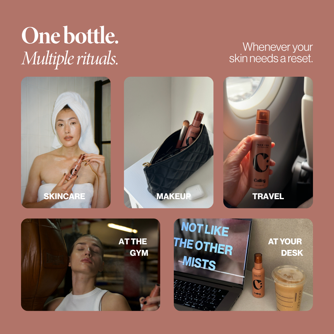 Face Fog used five ways: skincare, makeup, travel, at the gym and at your desk