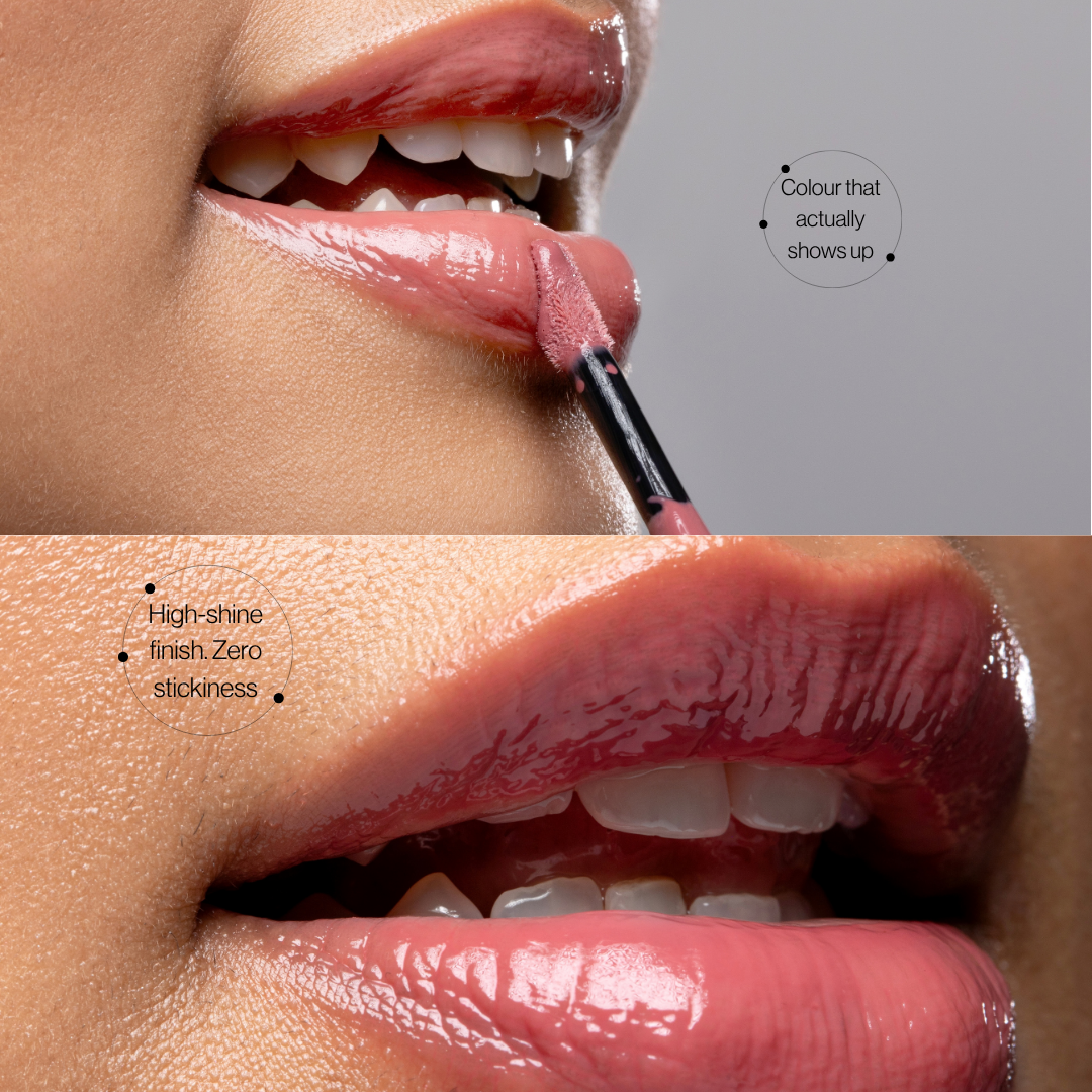 Close-up of Mega Bite tinted jelly lip oil applied to lips: colour that shows up, high-shine finish, zero stickiness