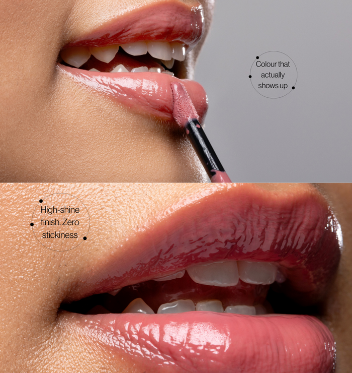 Close-up of Mega Bite tinted jelly lip oil applied to lips: colour that shows up, high-shine finish, zero stickiness