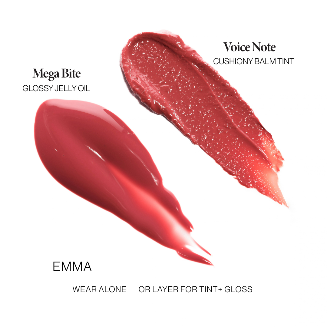 Mega Bite tinted jelly lip oil Emma swatch beside a Voice Note tinted lip balm swatch: wear alone or layer for tint and gloss