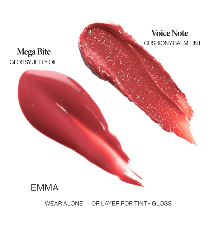 Mega Bite tinted jelly lip oil Emma swatch beside a Voice Note tinted lip balm swatch: wear alone or layer for tint and gloss