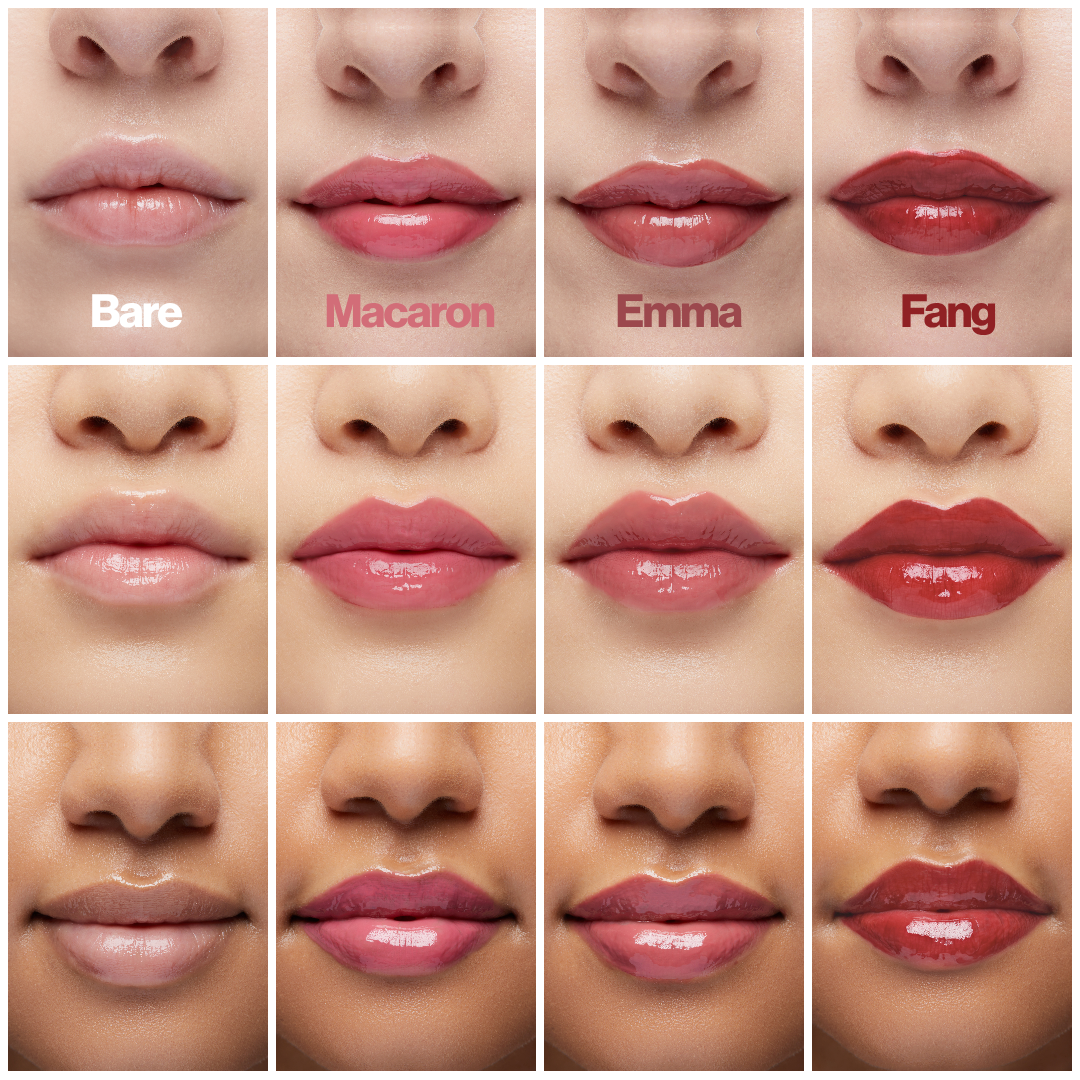 Mega Bite tinted jelly lip oil shades Macaron, Emma and Fang swatched on three different skin tones, compared with bare lips