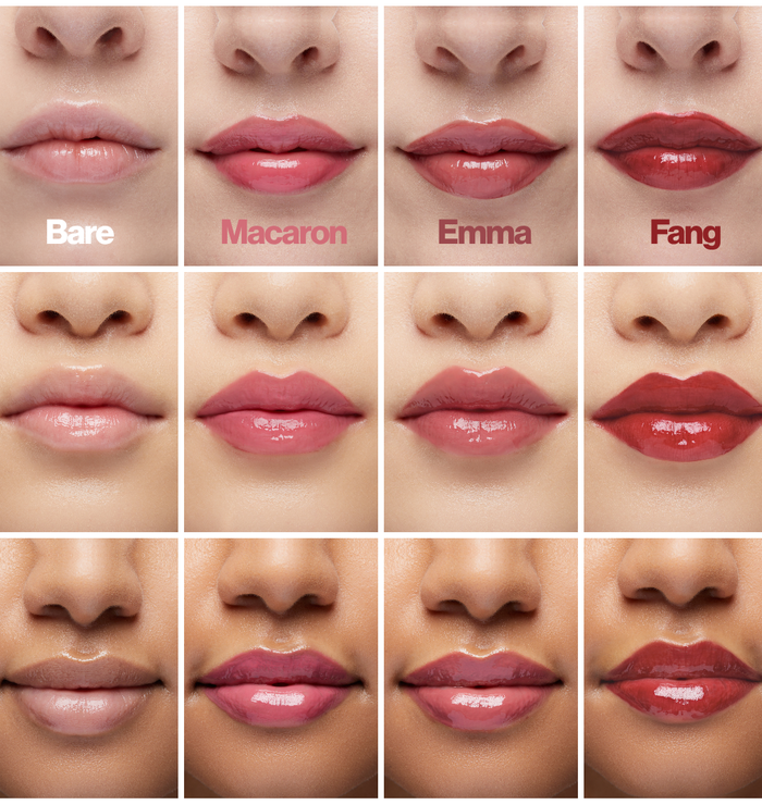 Mega Bite tinted jelly lip oil shades Macaron, Emma and Fang swatched on three different skin tones, compared with bare lips