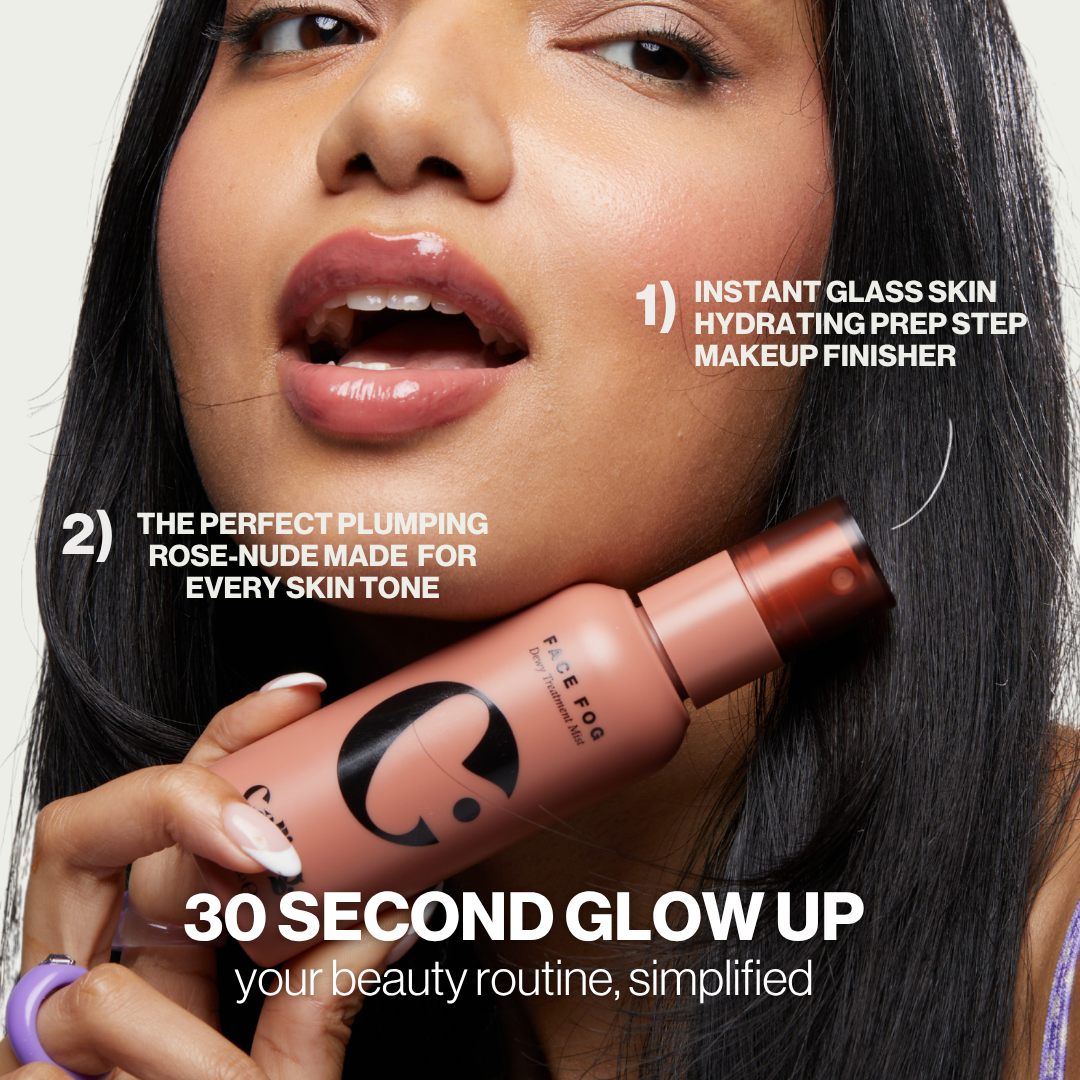 30-second glow up: Face Fog for instant glass skin and Mega Bite Tinted Jelly Lip Oil in Emma, a plumping rose-nude for every skin tone
