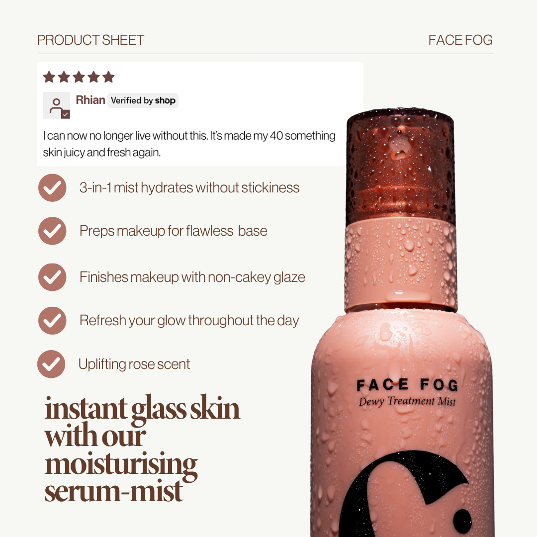 Face Fog serum-mist for instant glass skin: hydrates without stickiness, preps and finishes makeup. Five-star review from Rhian
