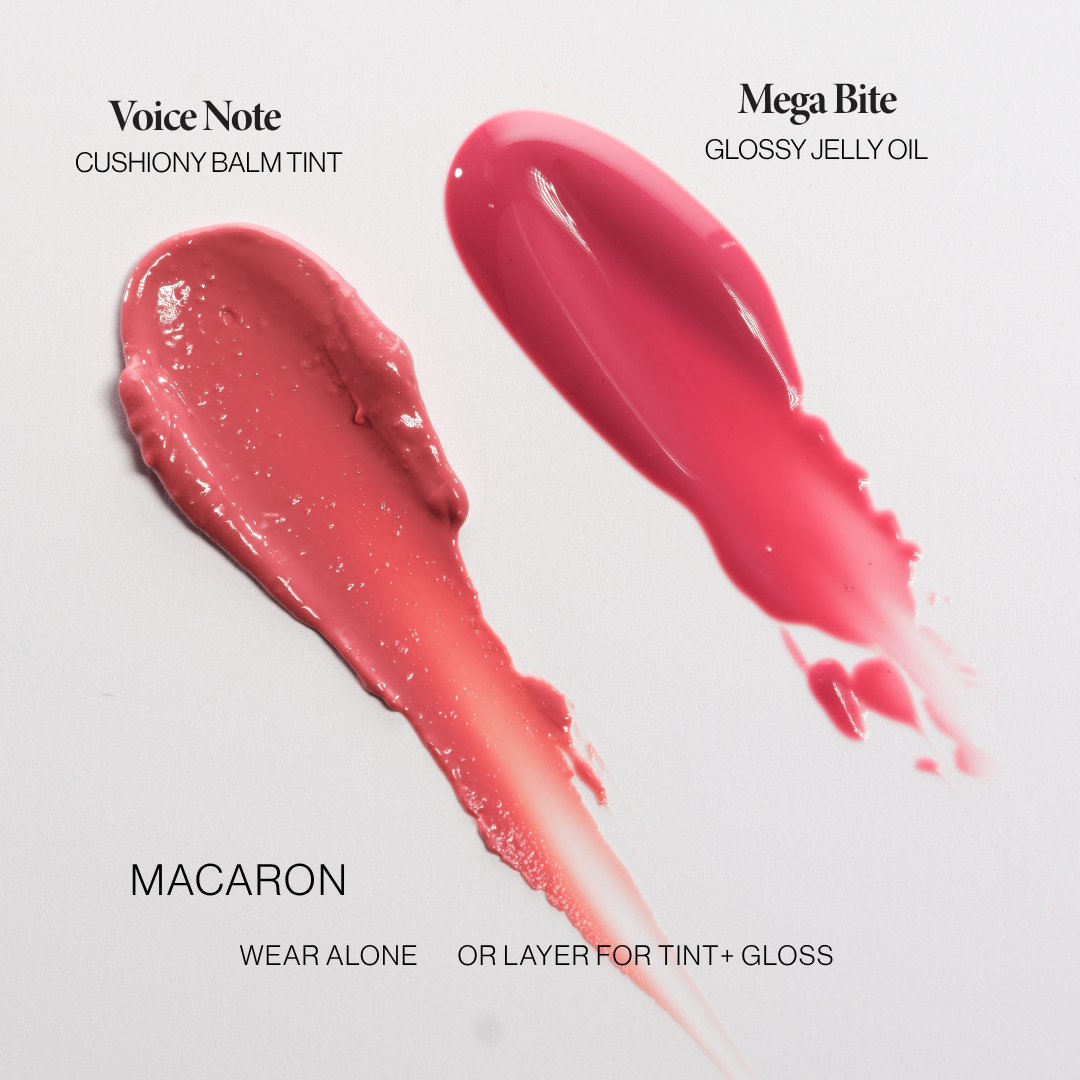 Mega Bite Tinted Jelly Lip Oil swatch beside Voice Note Tinted Lip Treatment Balm in Macaron: wear alone or layer