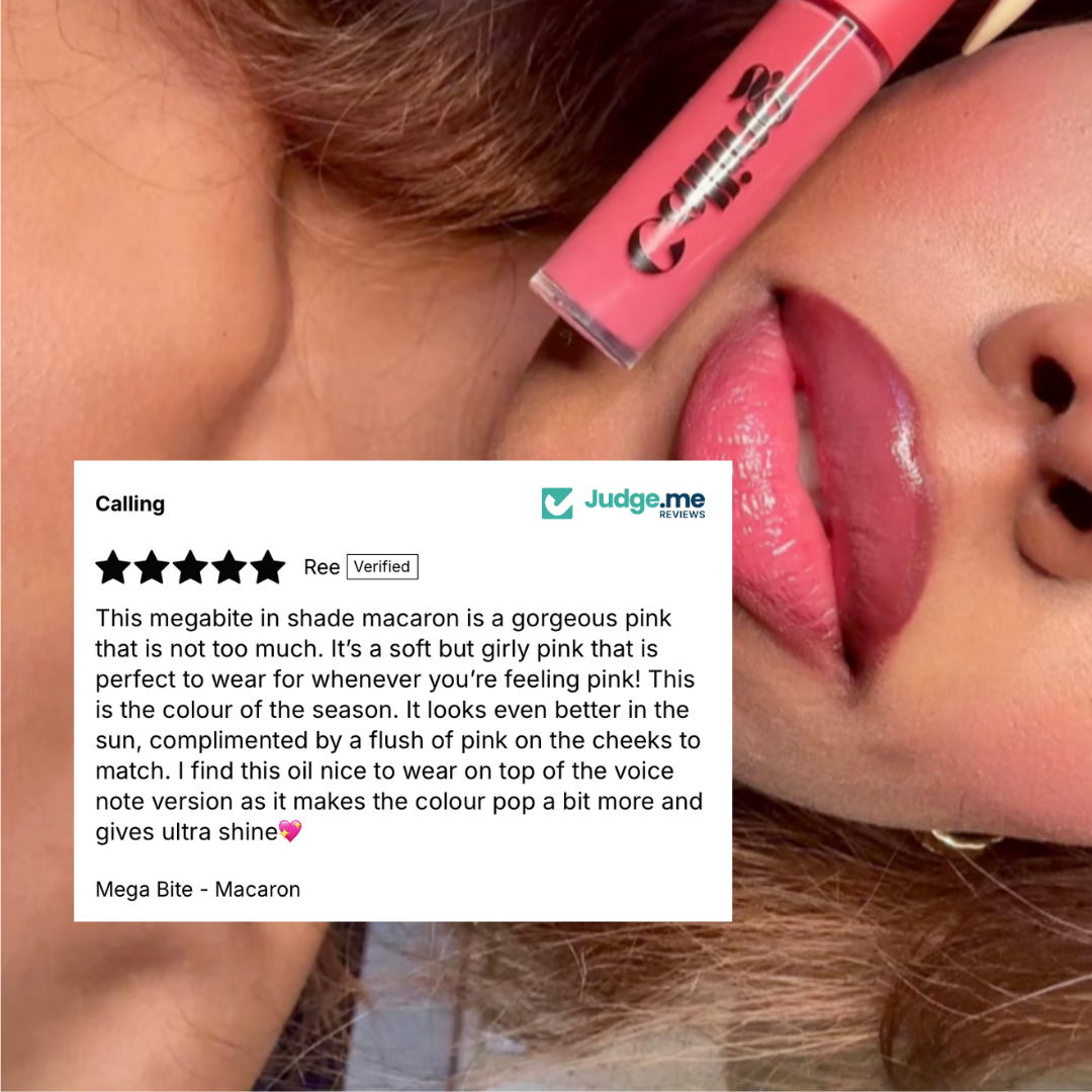 Five-star verified review of Mega Bite Tinted Jelly Lip Oil in Macaron: "a gorgeous pink that is not too much"