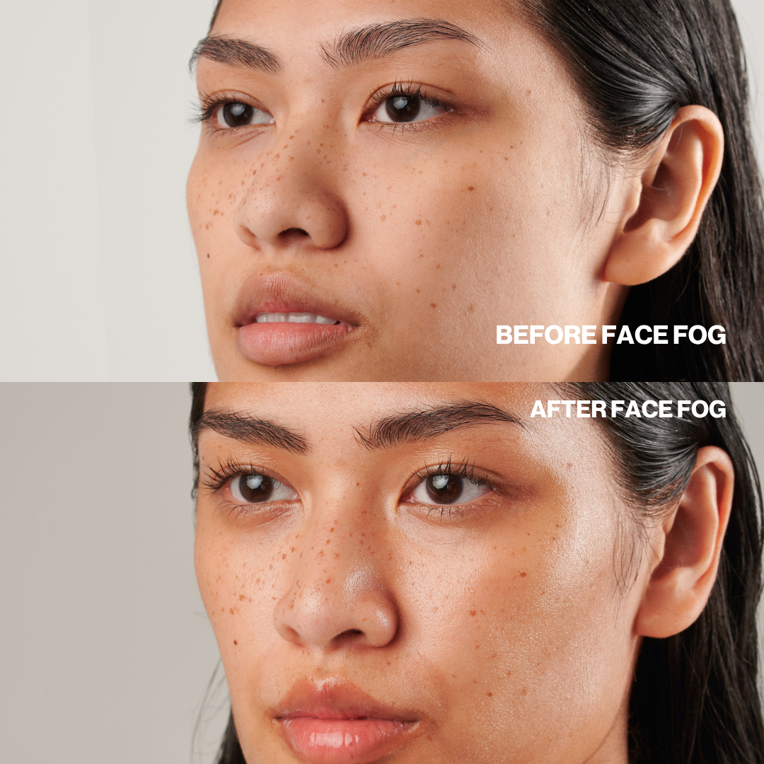 Before and after Face Fog: skin looks dull, then hydrated, dewy and glowing