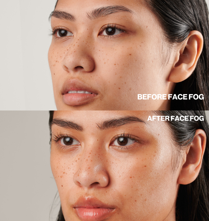 Before and after Face Fog: skin looks dull, then hydrated, dewy and glowing