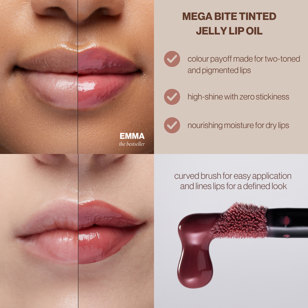 Mega Bite Tinted Jelly Lip Oil in Emma: colour payoff for two-toned and pigmented lips, high shine, curved applicator
