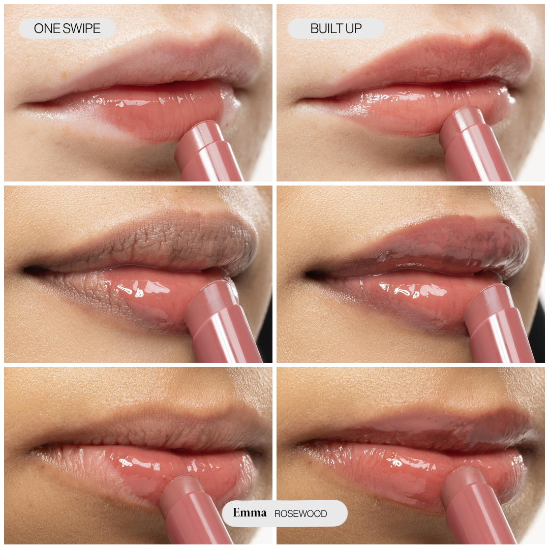 Voice Note Tinted Lip Treatment Balm in Emma on three skin tones: sheer in one swipe, richer when built up