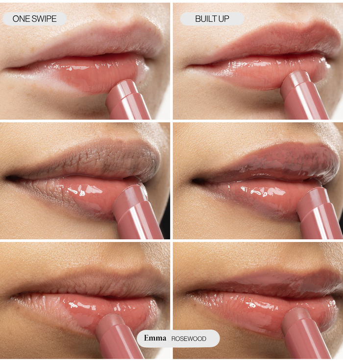 Voice Note Tinted Lip Treatment Balm in Emma on three skin tones: sheer in one swipe, richer when built up