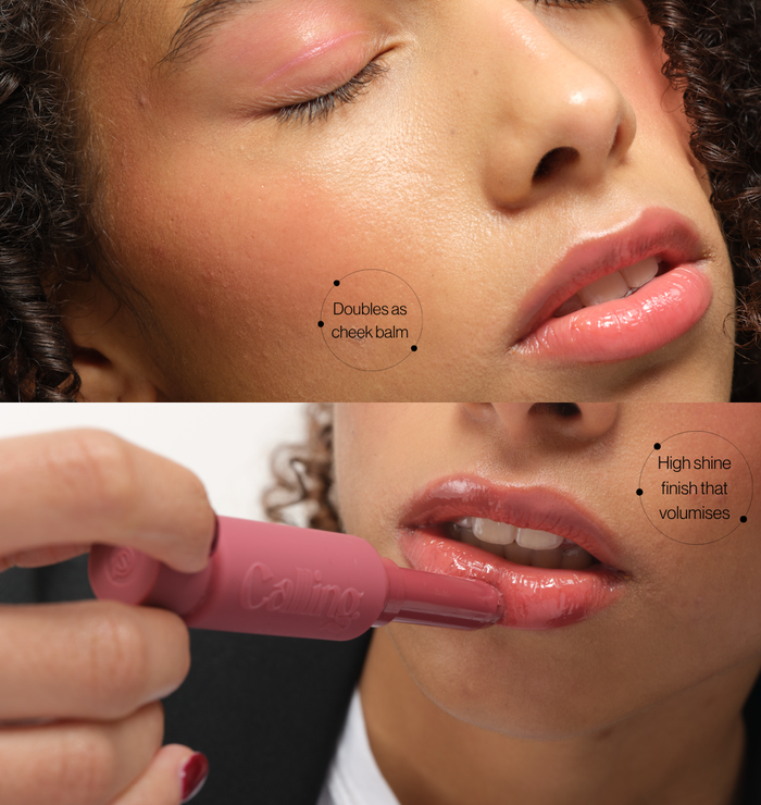 Voice Note Tinted Lip Treatment Balm doubles as a cheek balm, with a high-shine finish that volumises lips