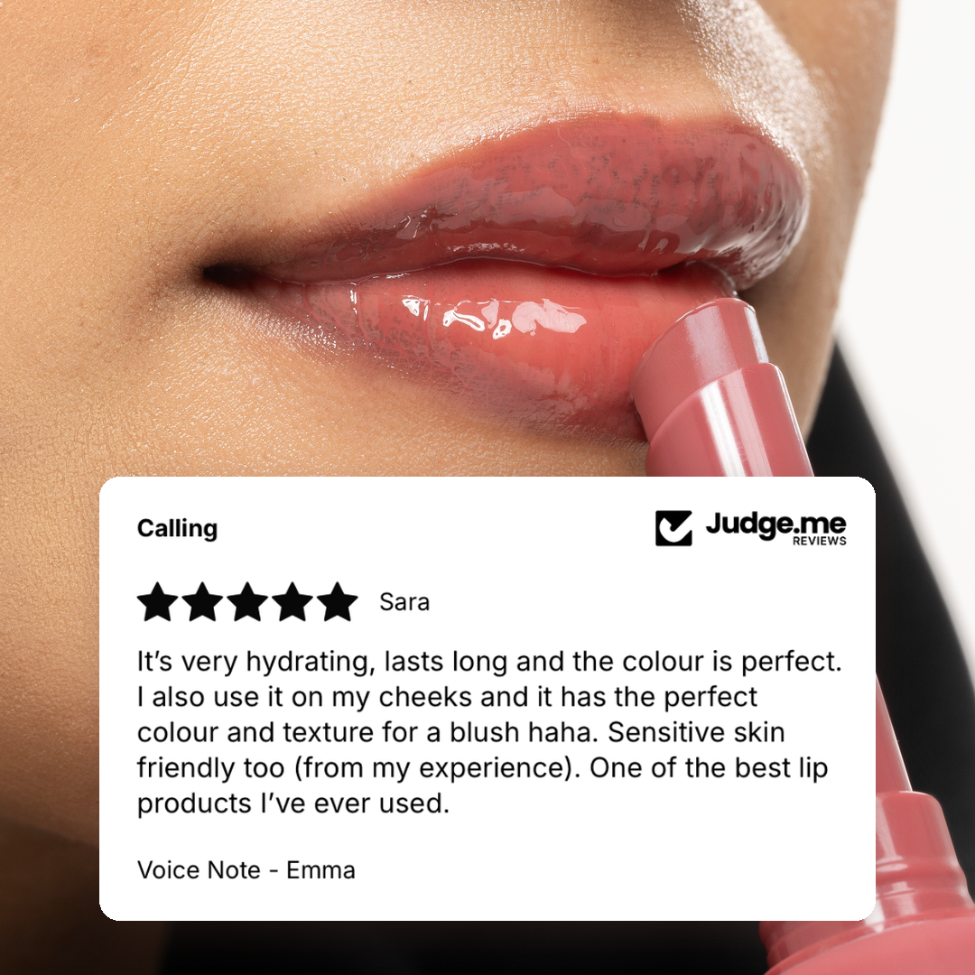 Five-star review of Voice Note Tinted Lip Treatment Balm in Emma: hydrating, long-lasting, works as a blush