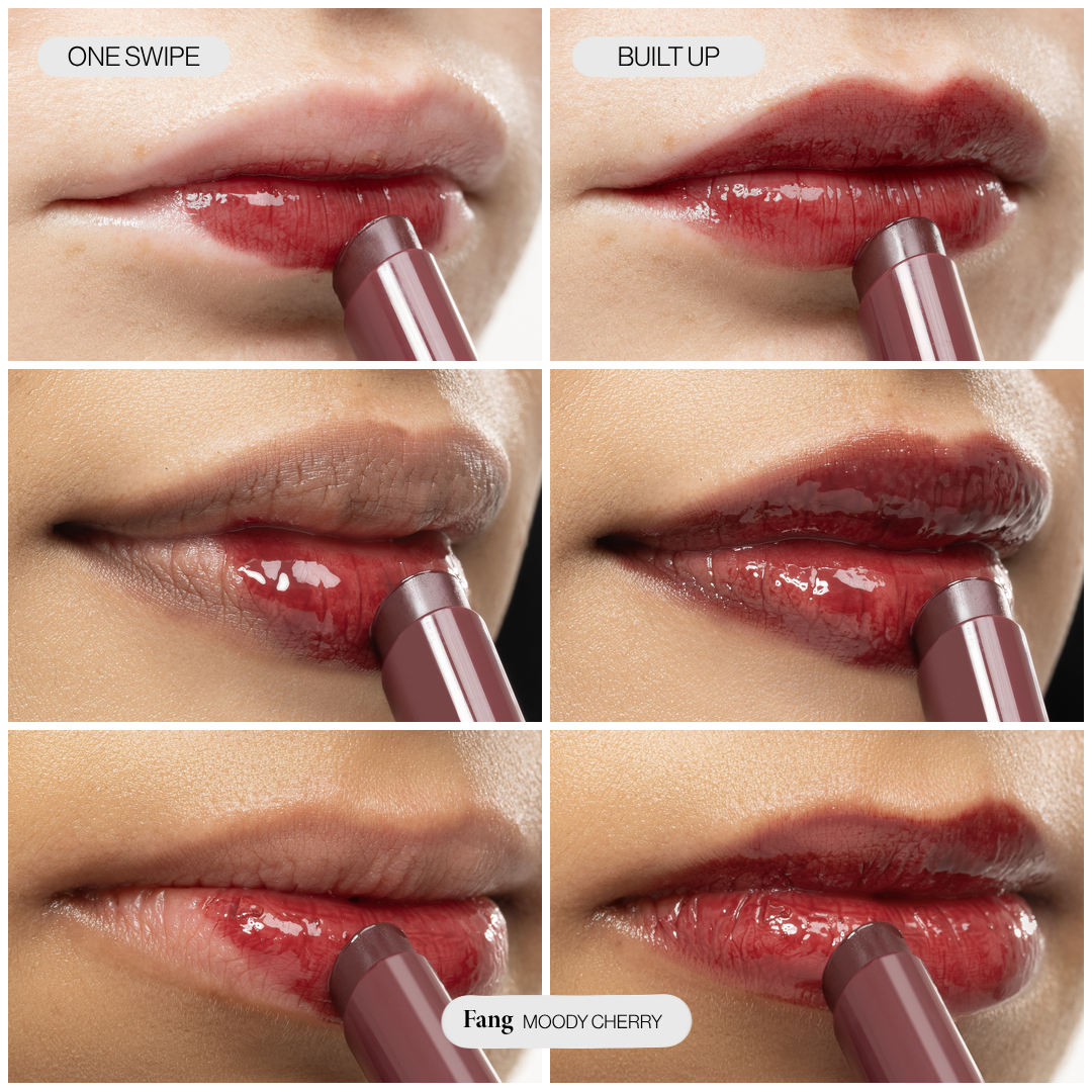 Voice Note Tinted Lip Treatment Balm in Fang on three skin tones: sheer cherry in one swipe, deeper when built up