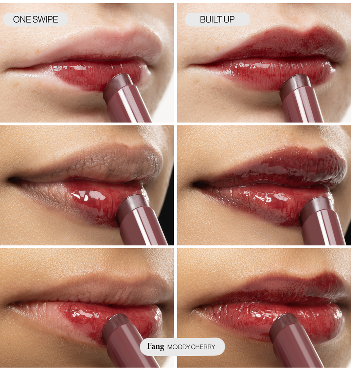 Voice Note Tinted Lip Treatment Balm in Fang on three skin tones: sheer cherry in one swipe, deeper when built up