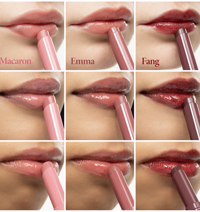 Voice Note Tinted Lip Treatment Balm in Macaron, Emma and Fang swatched on three different skin tones