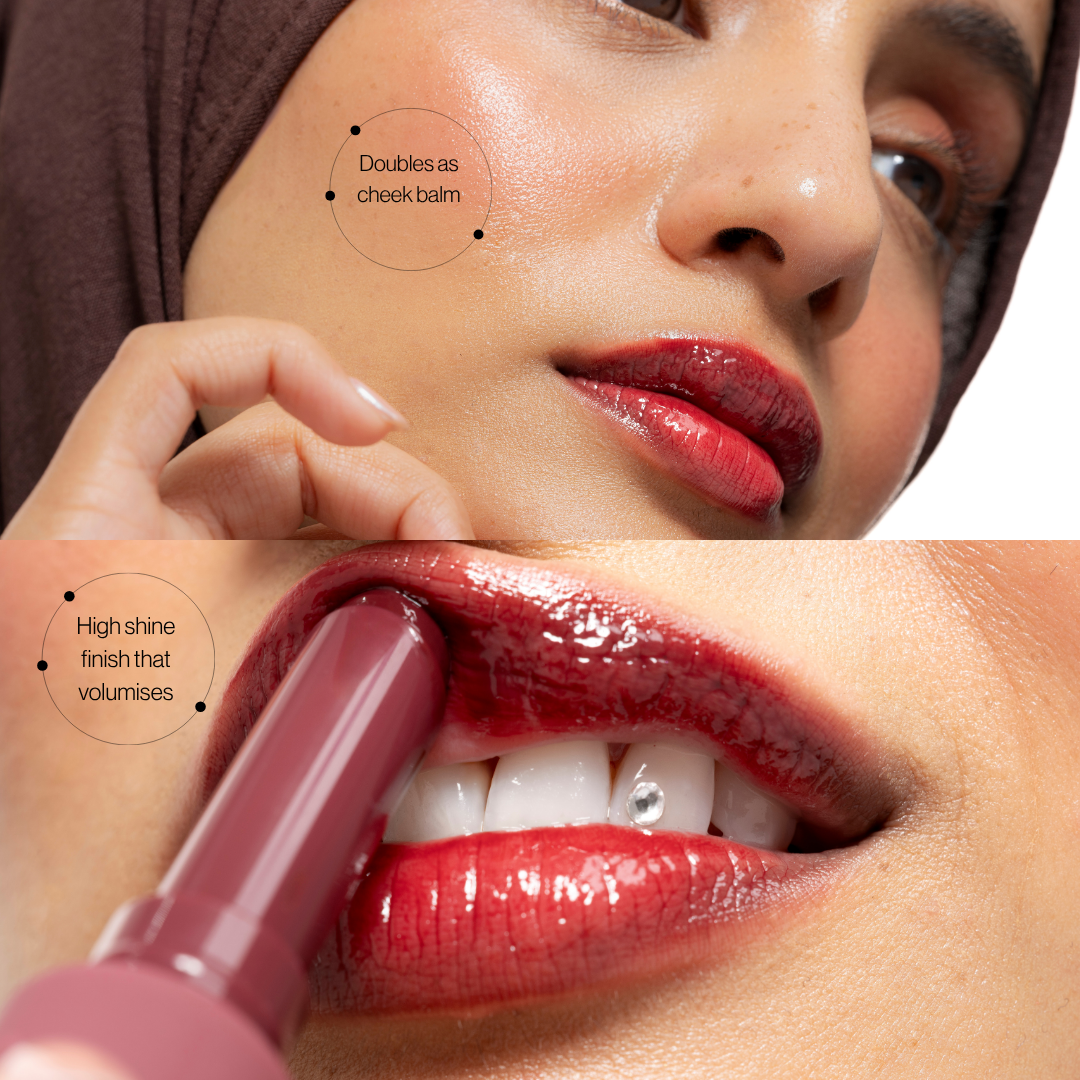 Voice Note Tinted Lip Treatment Balm in Fang doubles as a cheek balm, with a high-shine finish that volumises
