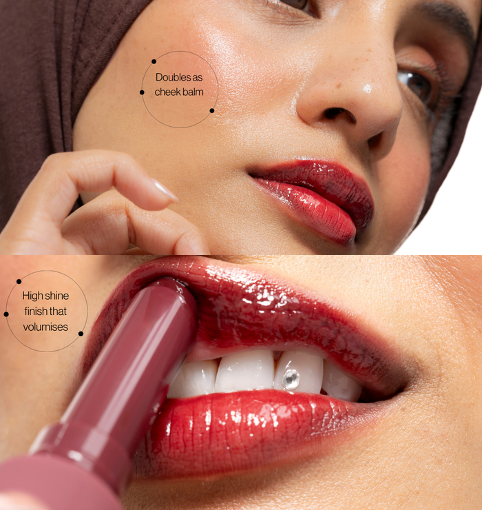 Voice Note Tinted Lip Treatment Balm in Fang doubles as a cheek balm, with a high-shine finish that volumises