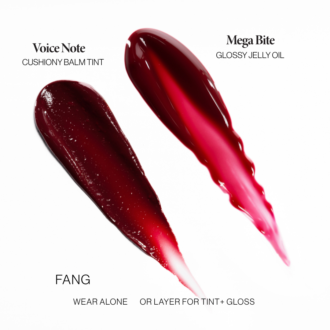 Voice Note Tinted Lip Treatment Balm and Mega Bite Tinted Jelly Lip Oil in Fang: wear alone or layer