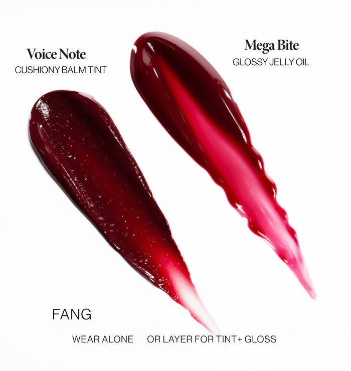 Voice Note Tinted Lip Treatment Balm and Mega Bite Tinted Jelly Lip Oil in Fang: wear alone or layer