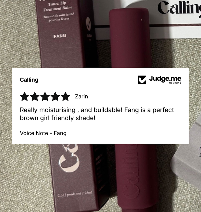 Five-star review of Voice Note Tinted Lip Treatment Balm in Fang: "a perfect brown girl friendly shade"