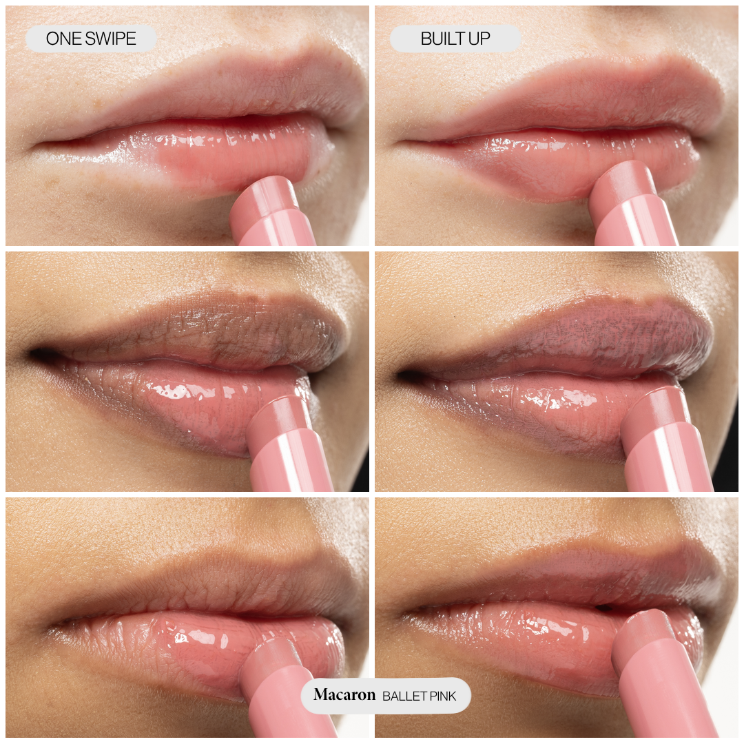 Voice Note Tinted Lip Treatment Balm in Macaron on three skin tones: sheer in one swipe, richer when built up