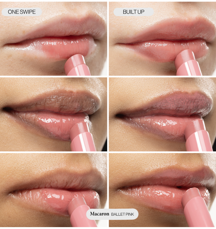 Voice Note Tinted Lip Treatment Balm in Macaron on three skin tones: sheer in one swipe, richer when built up