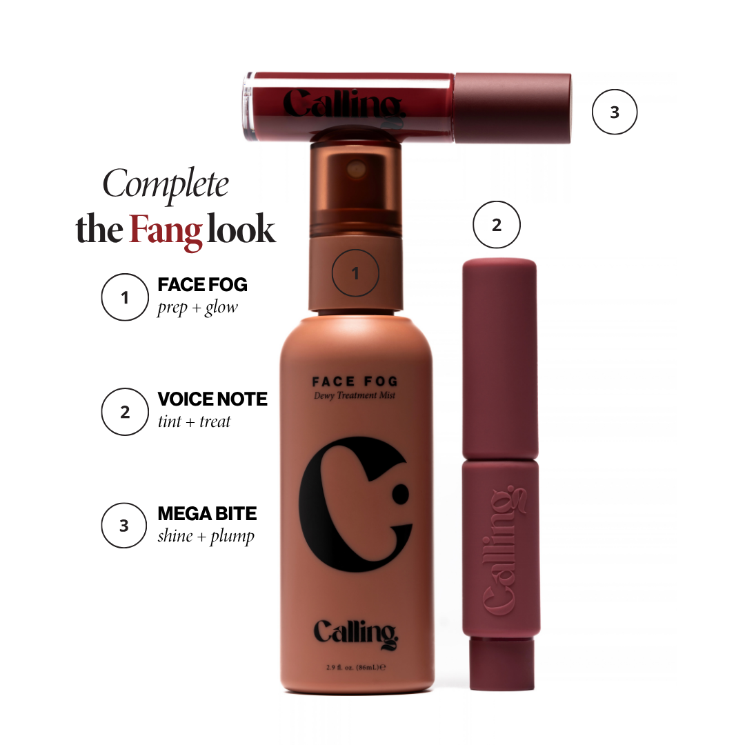 Complete the Fang look: Face Fog, Voice Note Tinted Lip Treatment Balm and Mega Bite Tinted Jelly Lip Oil in Fang
