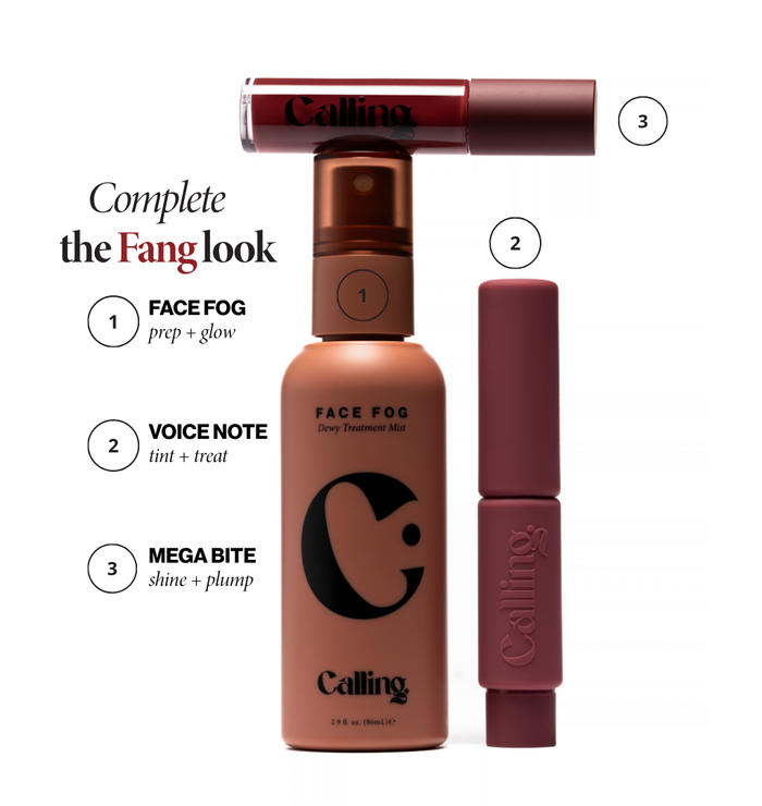 Complete the Fang look: Face Fog, Voice Note Tinted Lip Treatment Balm and Mega Bite Tinted Jelly Lip Oil in Fang
