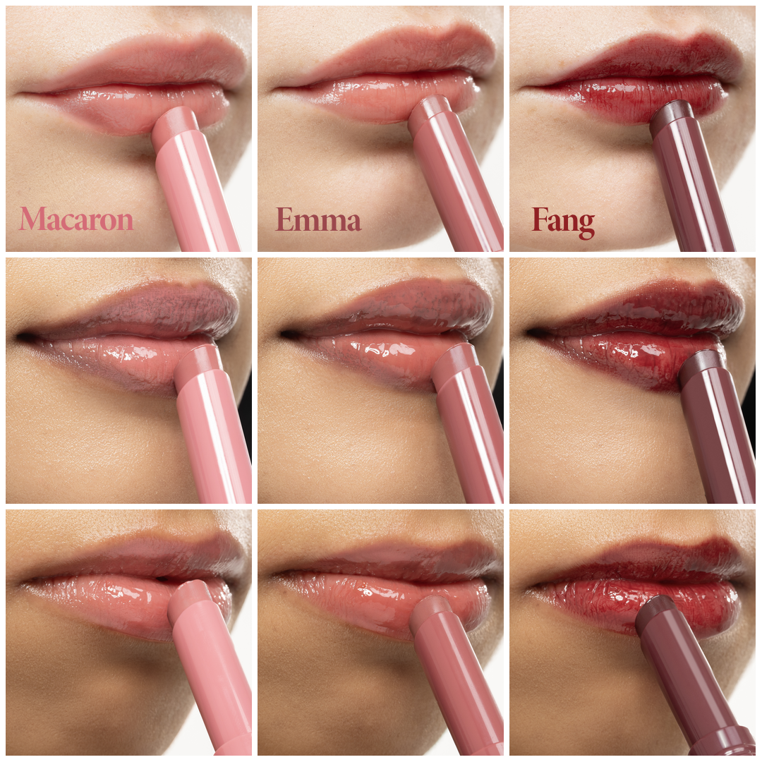 Voice Note Tinted Lip Treatment Balm in Macaron, Emma and Fang swatched on three different skin tones
