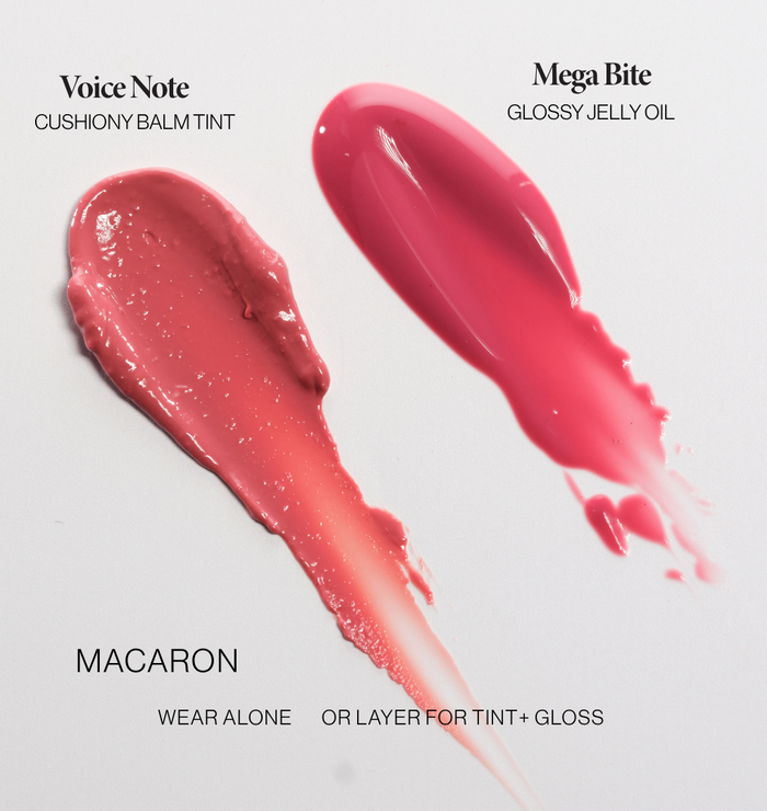 Voice Note Tinted Lip Treatment Balm and Mega Bite Tinted Jelly Lip Oil in Macaron: wear alone or layer