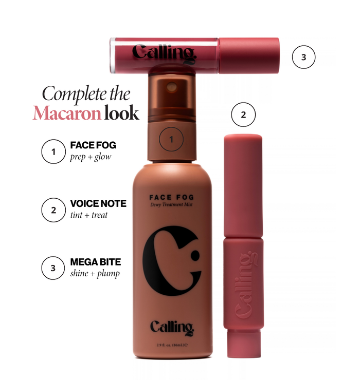 Complete the Macaron look: Face Fog, Voice Note Tinted Lip Treatment Balm and Mega Bite Tinted Jelly Lip Oil
