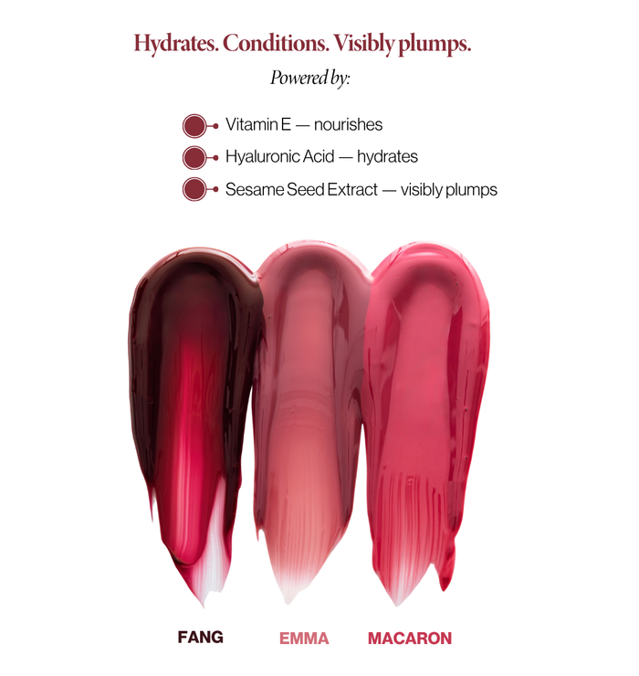 Mega Bite tinted jelly lip oil with vitamin E, hyaluronic acid and sesame seed extract, with Fang, Emma and Macaron swatches