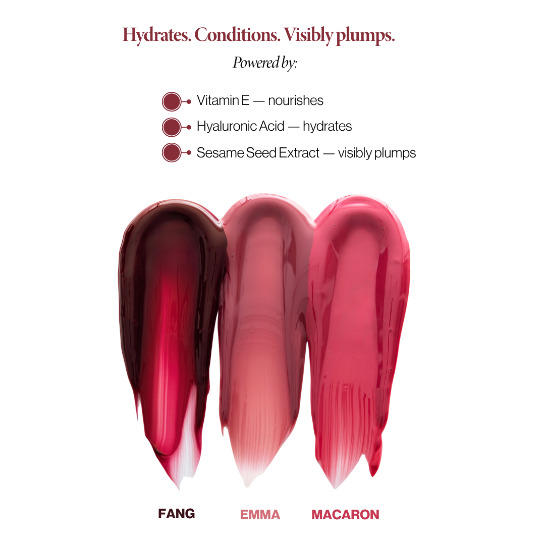 Mega Bite Tinted Jelly Lip Oil with vitamin E, hyaluronic acid and sesame seed extract, in Fang, Emma and Macaron