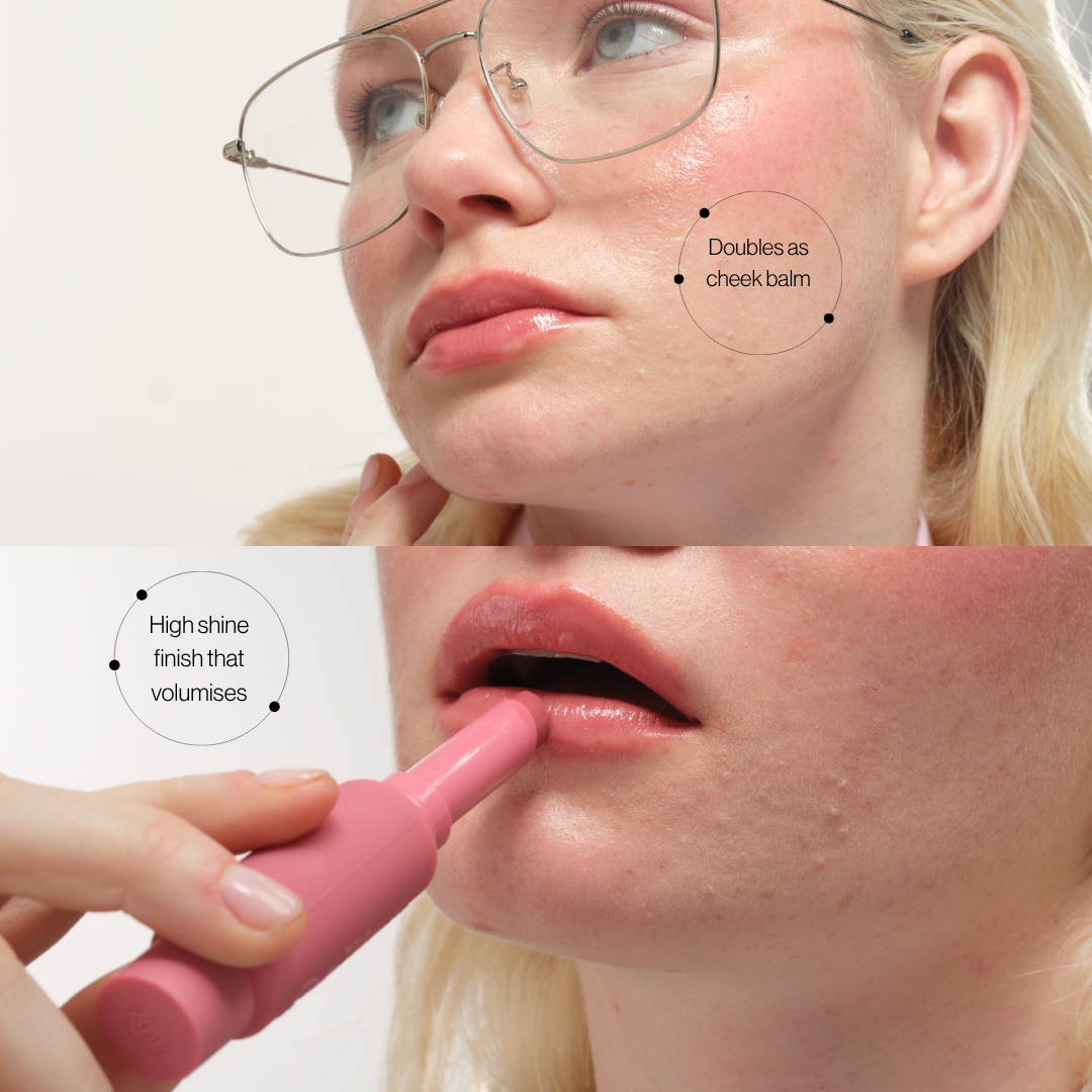 Voice Note Tinted Lip Treatment Balm in Macaron doubles as a cheek balm, with a high-shine finish that volumises