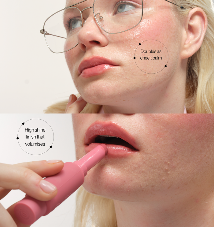 Voice Note Tinted Lip Treatment Balm in Macaron doubles as a cheek balm, with a high-shine finish that volumises