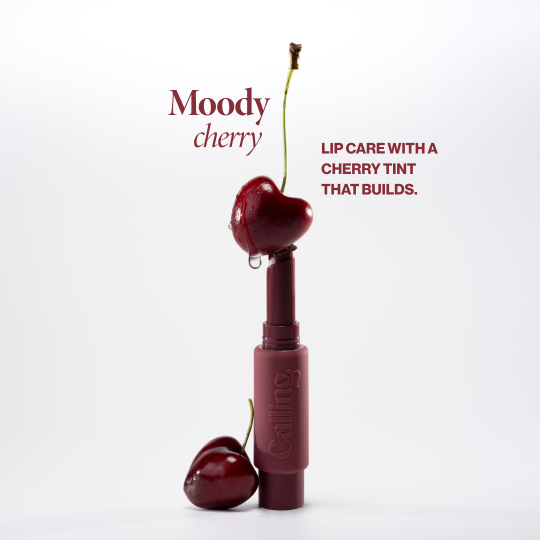 Voice Note Tinted Lip Treatment Balm in Fang, a moody cherry with cherries. Shows up on every lip tone