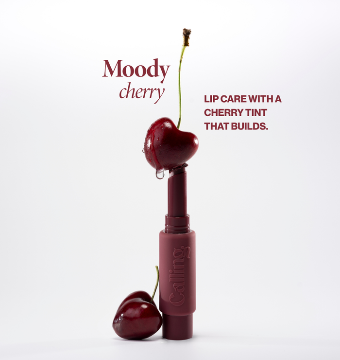 Voice Note Tinted Lip Treatment Balm in Fang, a moody cherry with cherries. Shows up on every lip tone