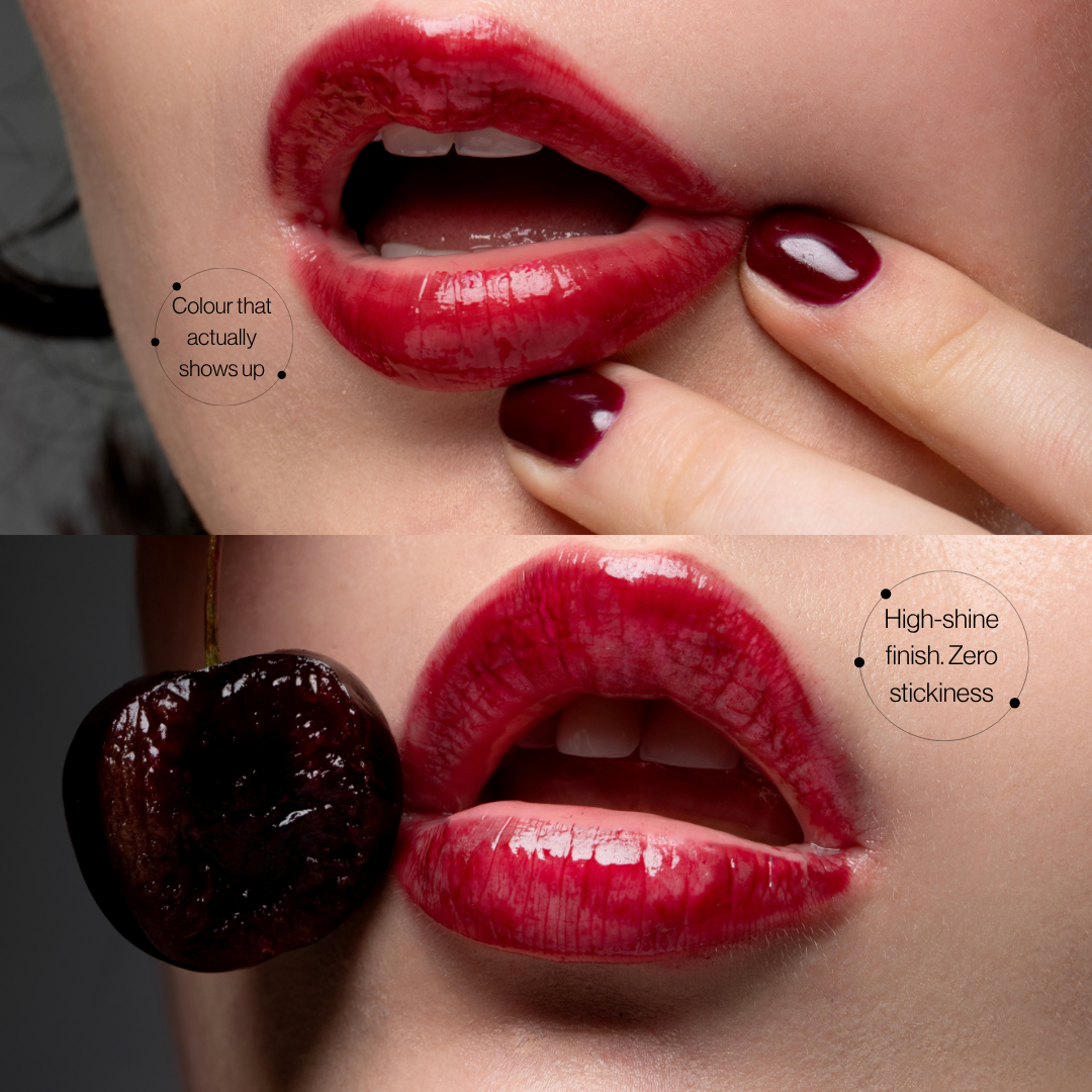 Lips wearing Mega Bite tinted jelly lip oil in Fang beside a cherry: colour that shows up, high-shine finish, zero stickiness