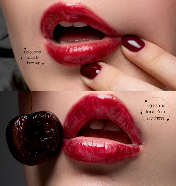 Lips wearing Mega Bite tinted jelly lip oil in Fang beside a cherry: colour that shows up, high-shine finish, zero stickiness