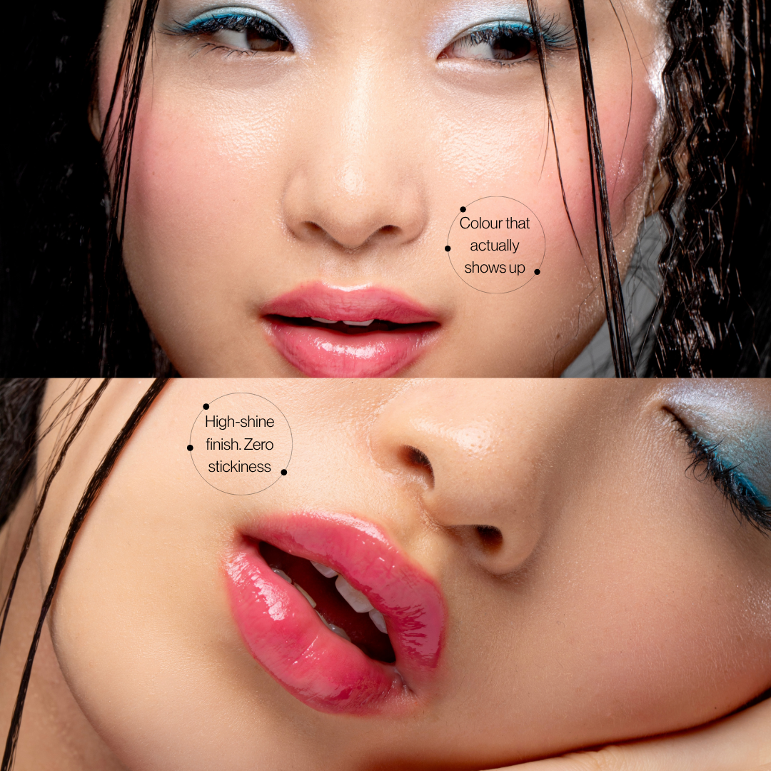 Lips wearing Mega Bite Tinted Jelly Lip Oil in Macaron: colour that shows up, high-shine finish, zero stickiness
