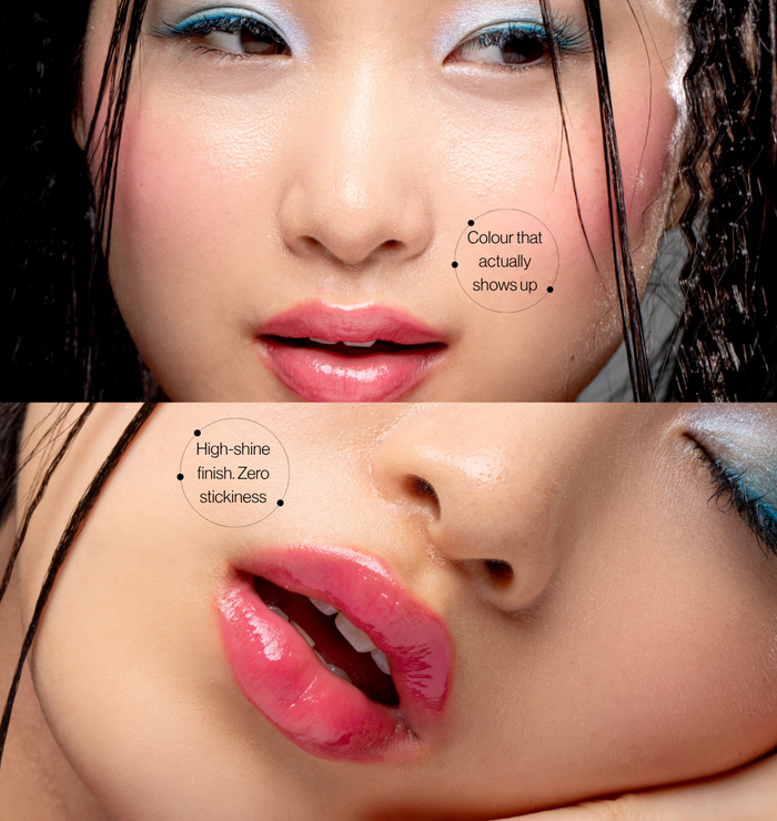 Lips wearing Mega Bite Tinted Jelly Lip Oil in Macaron: colour that shows up, high-shine finish, zero stickiness