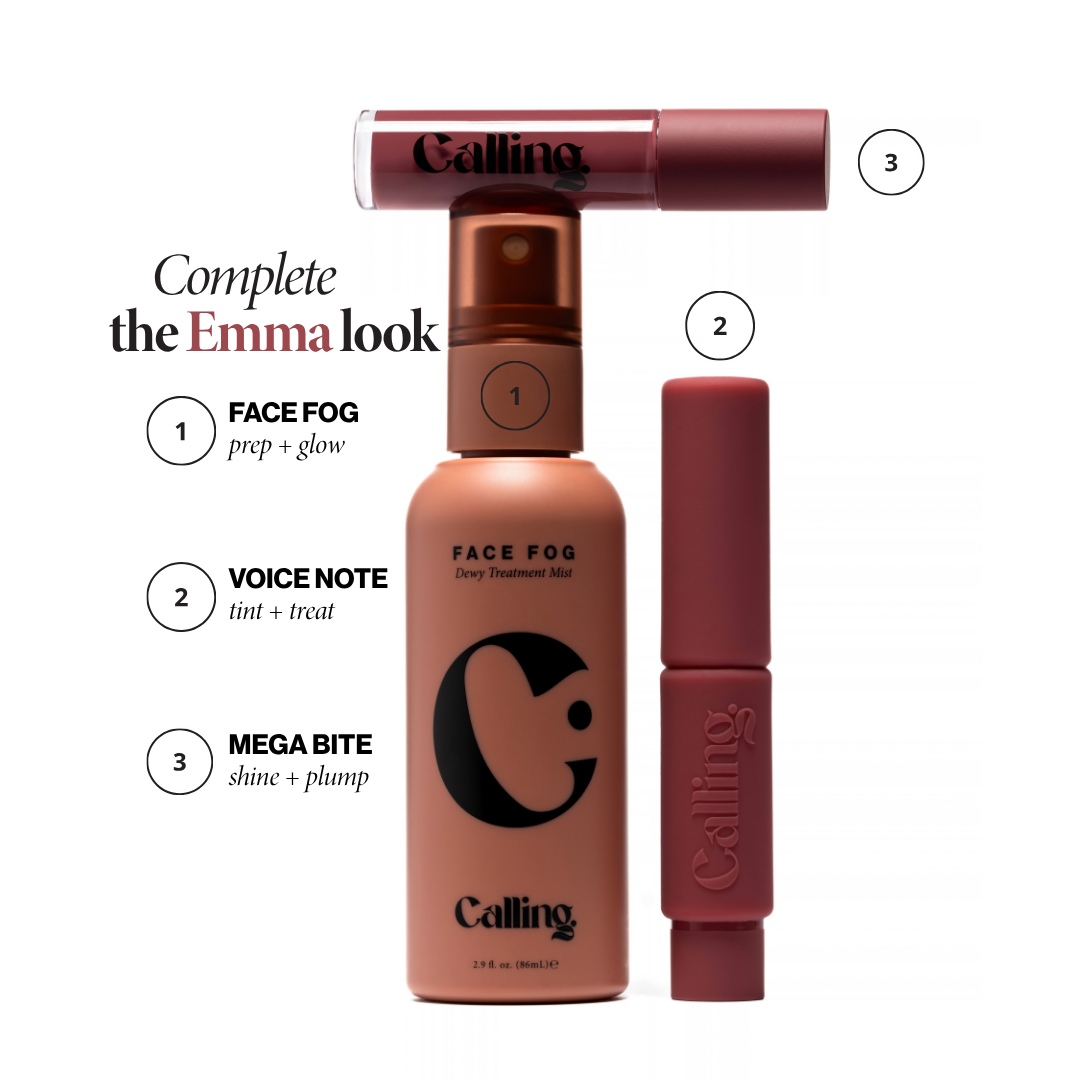 Complete the Emma look: Face Fog Dewy Treatment Mist, Voice Note Tinted Lip Treatment Balm and Mega Bite Tinted Jelly Lip Oil in Emma