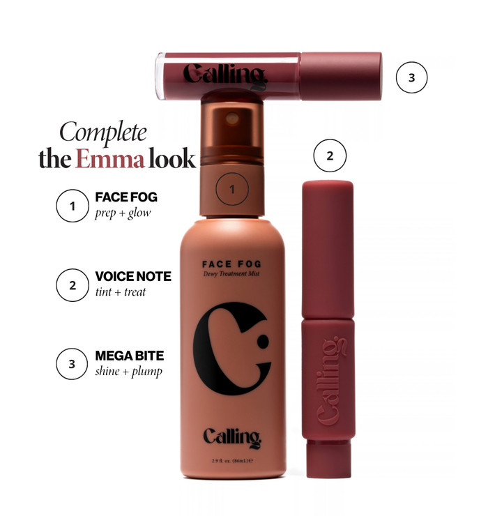 Complete the Emma look: Face Fog Dewy Treatment Mist, Voice Note Tinted Lip Treatment Balm and Mega Bite Tinted Jelly Lip Oil in Emma