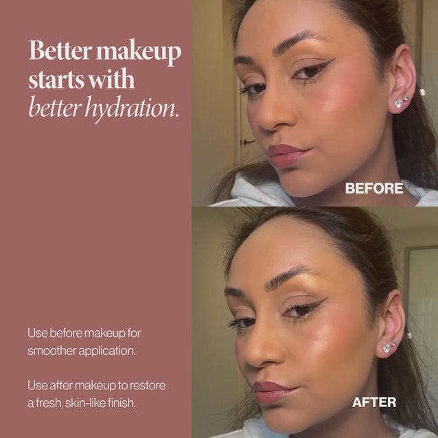 Before and after misting Face Fog over makeup: a fresher, smoother, skin-like finish