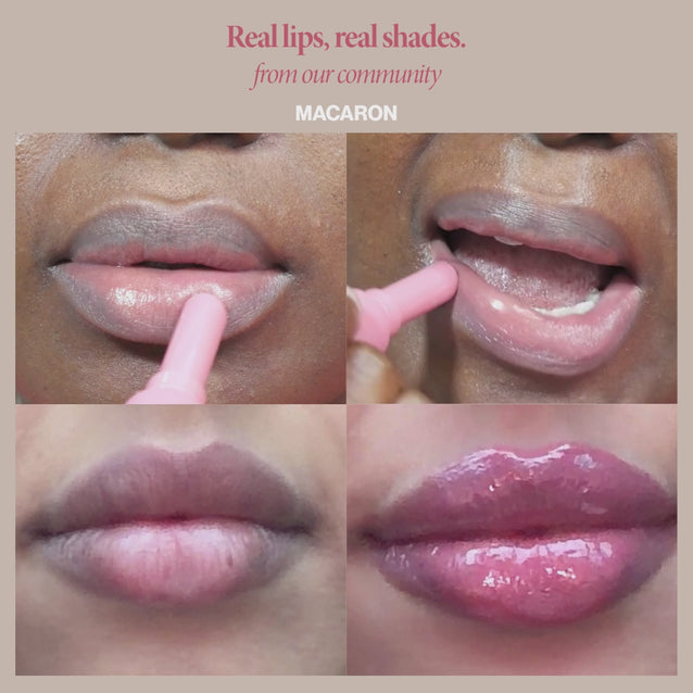 Voice Note Macaron: Before and after: Voice Note in Macaron on two real lips, bare then a soft pink balm tint.